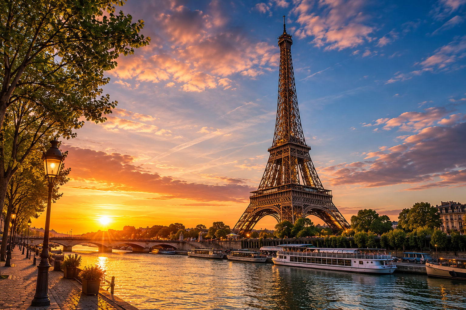 Eiffel Tower at sunset with golden sky in Paris France