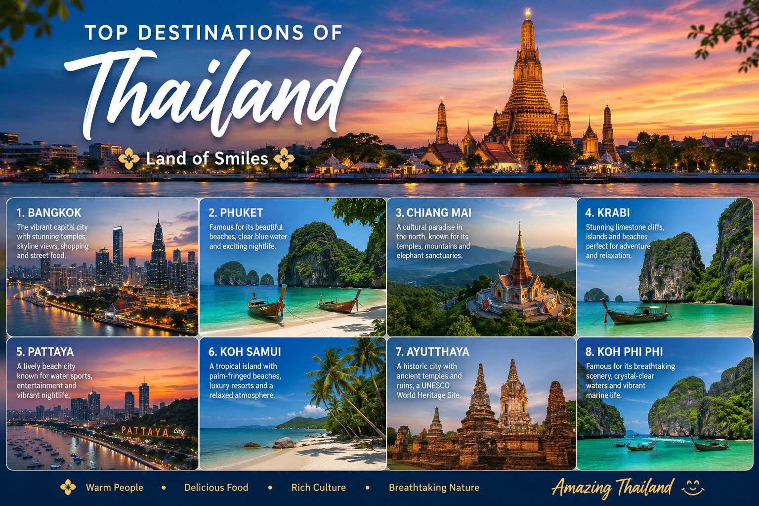 Thailand travel guide with beaches temples and city skyline