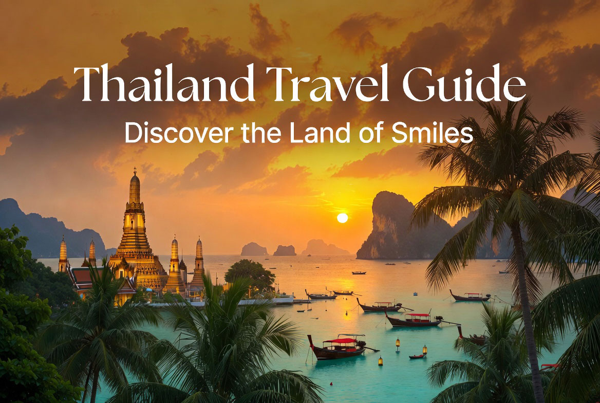 Thailand travel guide with beaches temples and city skyline