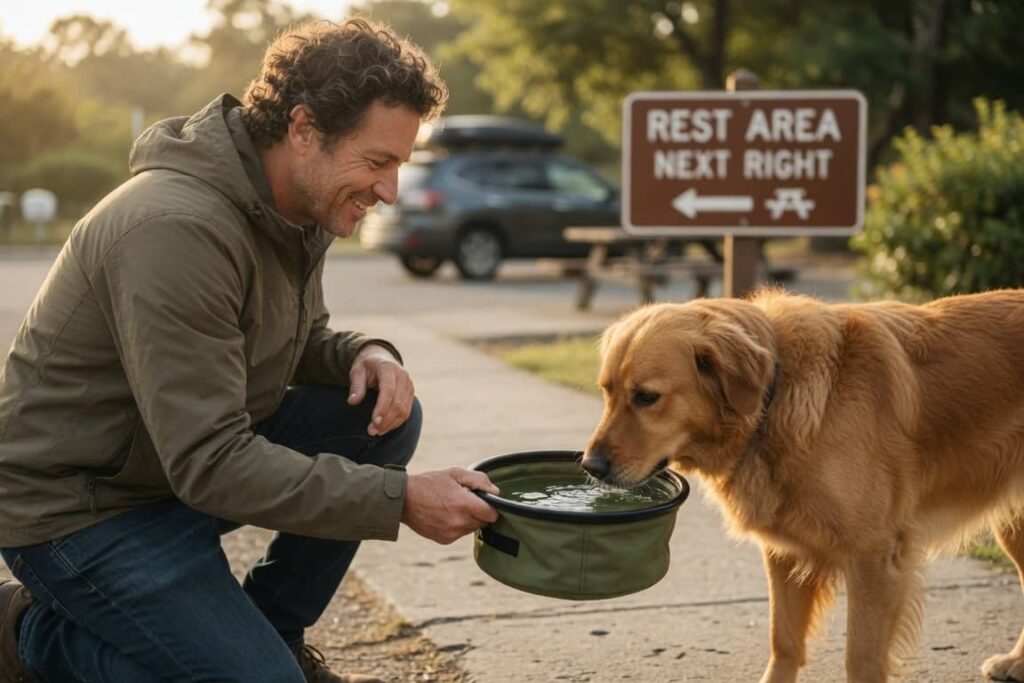 Dog owner giving pet water at an outdoor rest stop during a long road trip