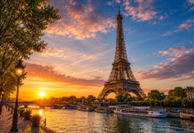 Paris Travel Guide 2026: Best Attractions, Hotels, Food & Budget Tips Eiffel Tower at sunset with golden sky in Paris France