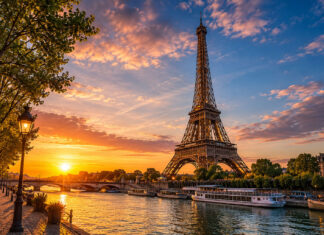 Eiffel Tower at sunset with golden sky in Paris France