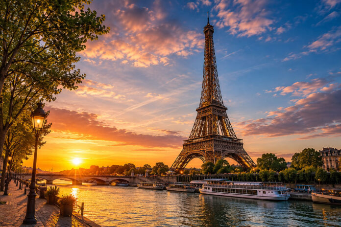 Eiffel Tower at sunset with golden sky in Paris France