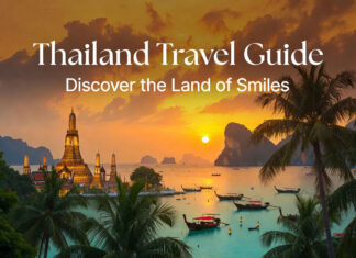 Thailand travel guide with beaches temples and city skyline
