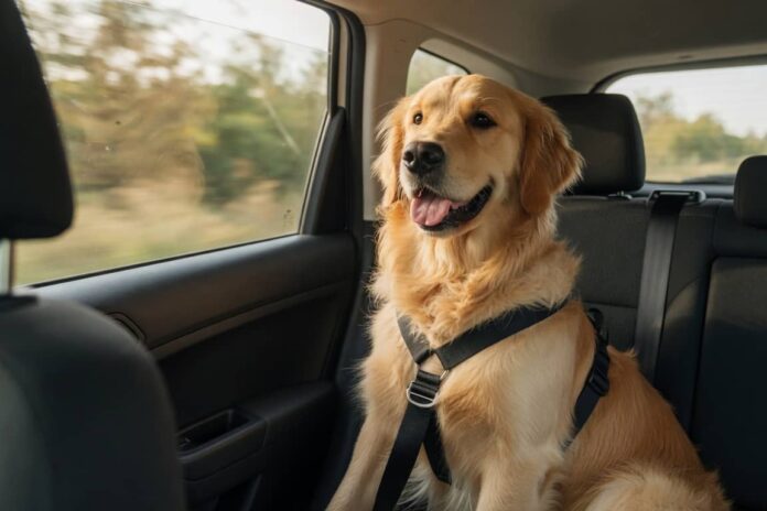 Dog Secured in Car Seat for Road Trip